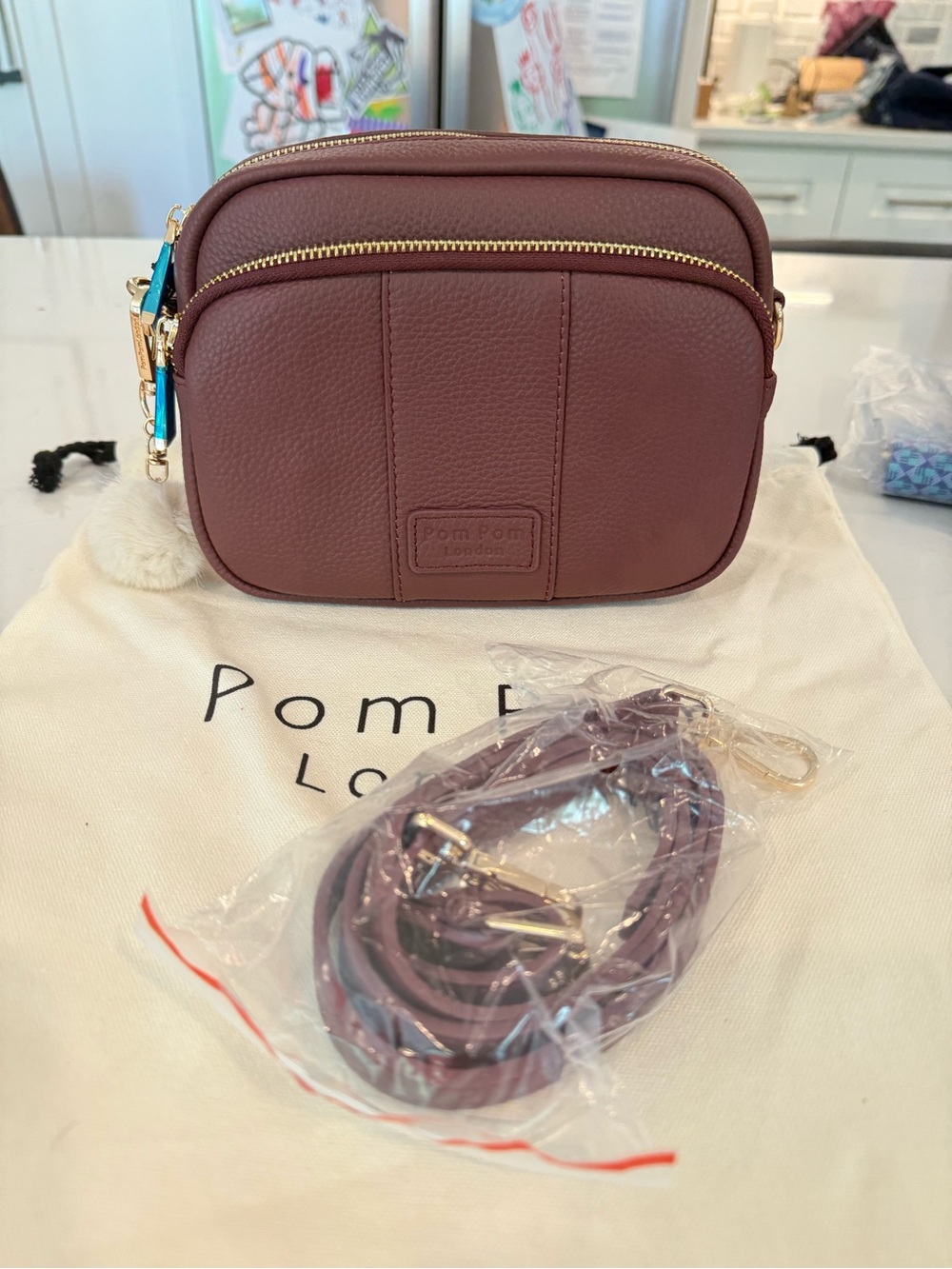 NWT Pom Pom London Burgundy Original Crossbody Bag with Gold Hardware